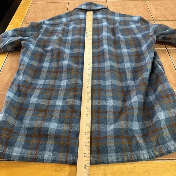 VTG Pendleton Board Shirt Blue Plaid Wool Flap Pockets Loop Collar Men's Sz Med